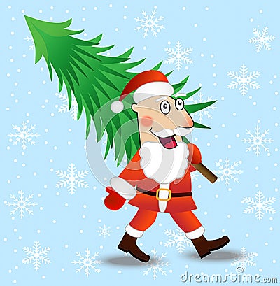Santa claus carries a green christmas tree Vector Illustration