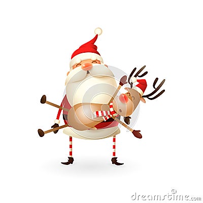 Santa Claus carries a Reindeer on his hands - Happy cute illustration Vector Illustration