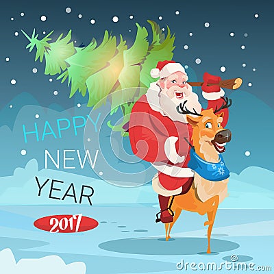 Santa Claus Carry Christmas Green Tree Reindeer Greeting Card Decoration Happy New Year Banner Vector Illustration