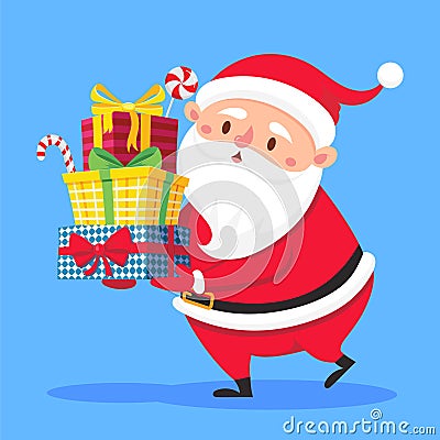 Santa Claus carry gifts stack. Christmas gift box carrying in hands. Heavy stacked winter holidays presents vector Vector Illustration