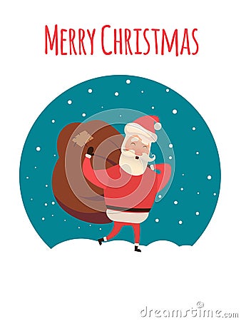 Santa Claus carrying sack full of gifts. Xmas time. Christmas coming. Vector illustration for your web design. Vector Illustration