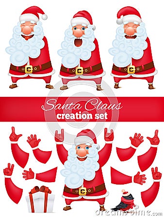 Santa Claus cartoon character creation DIY set. Collection of various emotions and gestures Cartoon Illustration