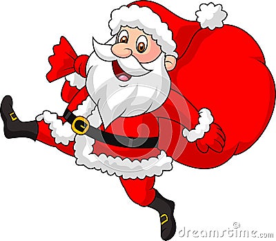 Santa Claus cartoon running with the bag of the presents Vector Illustration