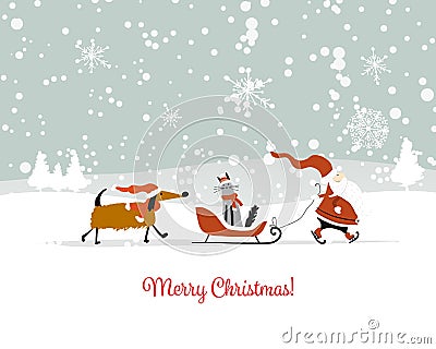 Santa Claus with cat and dog. Christmas card Vector Illustration