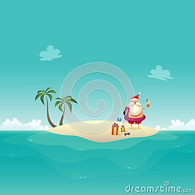 Santa Claus celebrate summer at sandy island - Christmas in June background Vector Illustration