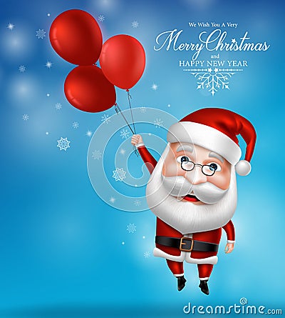 Santa Claus Character Holding Flying Balloons Vector Illustration