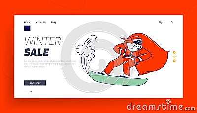 Santa Claus Character in Red Costume and Gift Sack Jump on Snowboard Landing Page Template. Winter Holidays Activit Vector Illustration