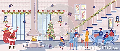 Santa Claus Character Visiting Family Xmas Party Vector Illustration