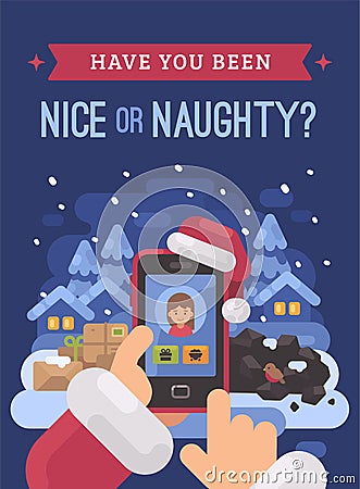 Santa Claus checking children profiles online deciding who is naughty and nice. Christmas flat illustration card Vector Illustration