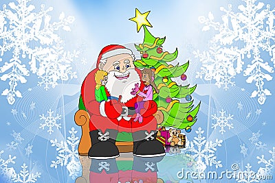 Santa claus and childrens on ice background Cartoon Illustration