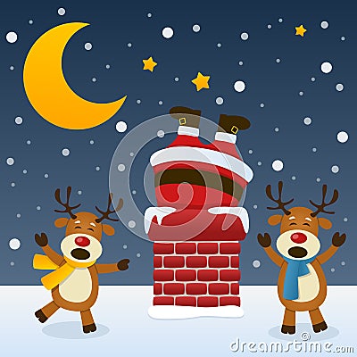 Santa Claus in the Chimney with Reindeer Vector Illustration