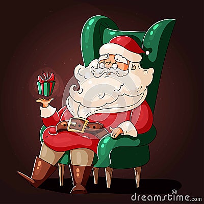 Santa Claus. Christmas card with santa and gift. Vector Illustration