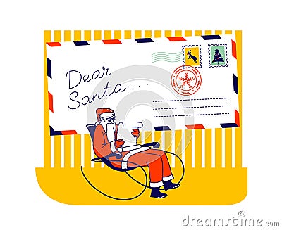 Santa Claus Christmas Character in Red Festive Costume and Hat Sitting in Rocking Chair Reading Letters from Children. Vector Illustration