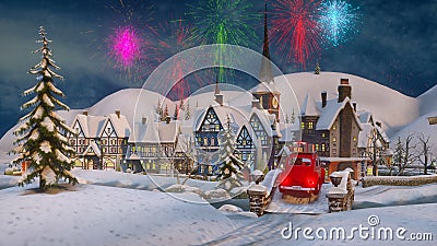 Santa Claus Christmas 3d rendering. Funny Santa Claus rides in a red car with gifts in a festive winter city. Fireworks Stock Photo