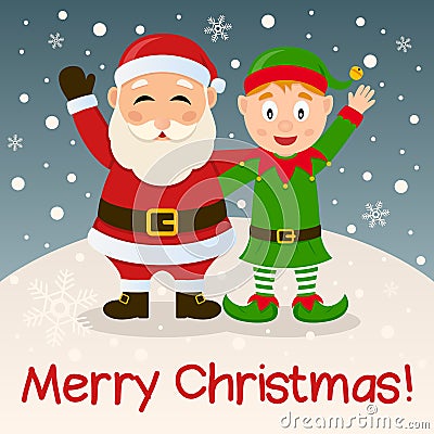 Santa Claus & Christmas Elf on the Snow Vector Illustration