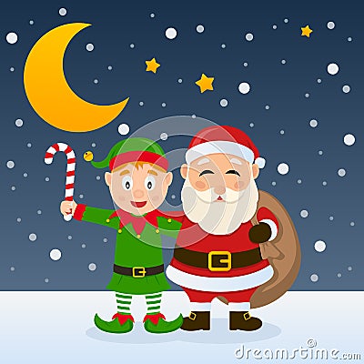 Santa Claus and Christmas Green Elf Vector Illustration