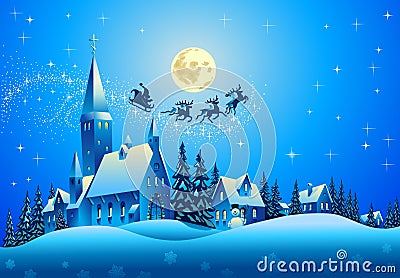 Santa Claus on Christmas night Vector Illustration