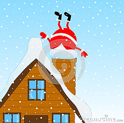 Santa Claus climbing the chimney of a wooden house Vector Illustration