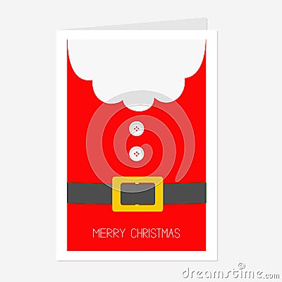 Santa Claus Coat with beard, fur, button and yellow belt. Big Merry Christmas greeting card. Red background. Flat design Vector Illustration