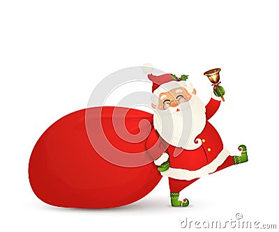 Santa Claus is coming. Santa Claus with huge, red, heavy bag with presents, gift boxes, jingle bell isolated. Happy Vector Illustration