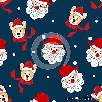 Santa Claus and Corgi with Red Scarf on Indigo Blue Background. Vector Illustration Vector Illustration