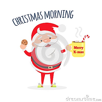 Santa Claus with Cup of Coffee and Tasty Biscuit. Vector Illustration