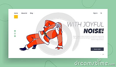 Santa Claus Dancing on One Arm Landing Page Template. Drunk Crazy Christmas Character in Red Costume Xmas Celebration Vector Illustration