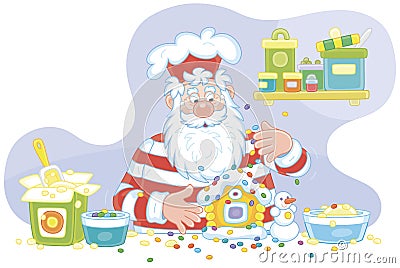 Santa Claus decorating a fancy gingerbread Vector Illustration