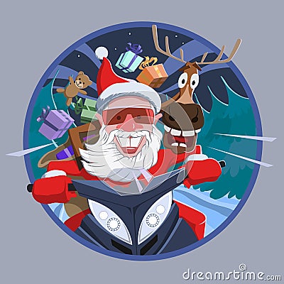 Santa Claus with a deer on a snowmobile Vector Illustration