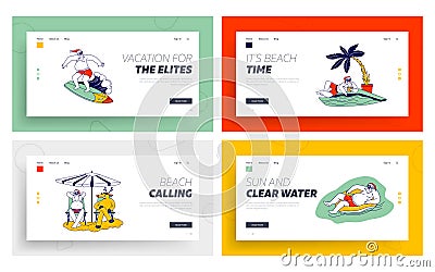 Santa Claus and Deer on Vacation Landing Page Template Set. Christmas Characters Traveling to Tropical Resort Vector Illustration