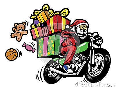 Santa claus delivering the christmas gift by riding a motorcycle Vector Illustration