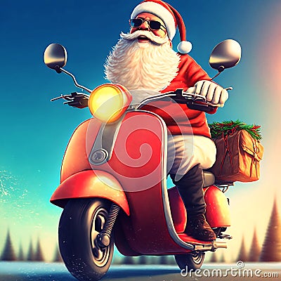 Santa Claus delivering Christmas gift by scooter retro art Cartoon Illustration