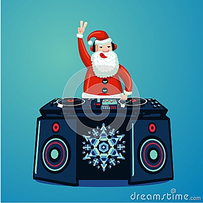 Santa Claus dj with vinyl turntable. Christmas music party poster. New Year nightclub music show Vector Illustration