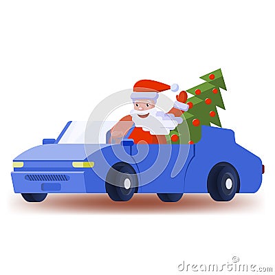 Santa Claus drives a car with an elegant Christmas tree Vector Illustration