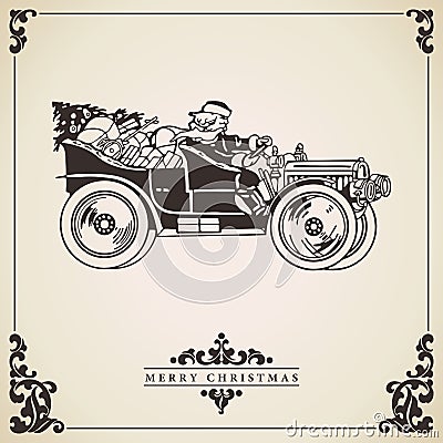 Santa Claus driving a car. Christmas card. Vector Illustration