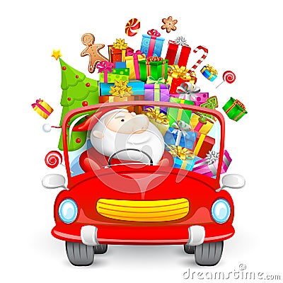Santa Claus driving car with Christmas gifts Vector Illustration