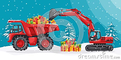 Santa Claus driving caterpillar excavator loading Christmas gifts to a mining truck. Christmas winter with snow. Celebrating the Vector Illustration