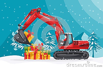 Santa Claus driving a tracked or crawler excavator loading boxes of gifts. Christmas winter with snow. Celebrating the beginning Vector Illustration