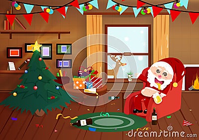 Santa Claus drunk on Christmas night, flat interior, party celebration cartoon poster, postcard, winter holiday season background Vector Illustration