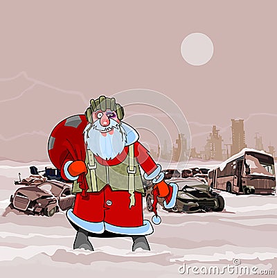 Santa Claus at the dump wrecked cars nuclear winter postapokalipsisa Vector Illustration