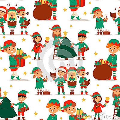Santa Claus elf kids cartoon elf helpers vector illustration children elves characters traditional costume seamless Vector Illustration