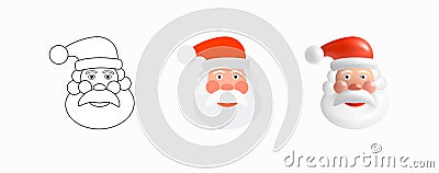 Santa Claus Faces Sticker Pack. Santa Claus Head in three styles - Contour, Flat, 3D. Traditional symbol of Christmas and New Year Vector Illustration