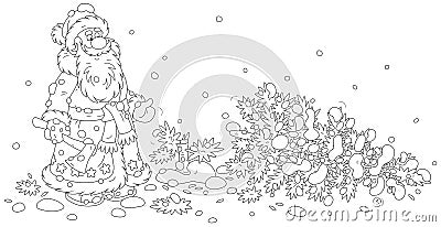 Santa Claus and a felled fir tree on snow Vector Illustration