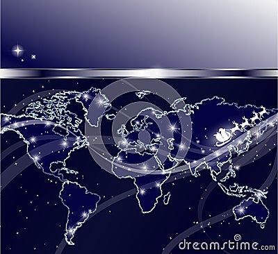 Santa Claus flies above the map of the world Vector Illustration