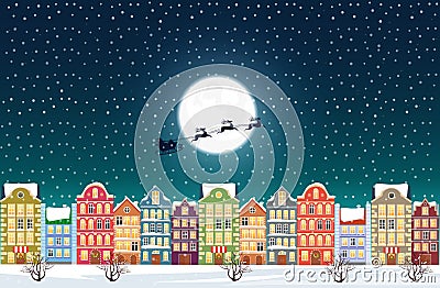 Santa Claus flies over a decorated snowy old city town near moon at Christmas eve. Vector Illustration