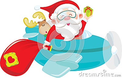 Santa Claus fly in the air with deer Vector Illustration