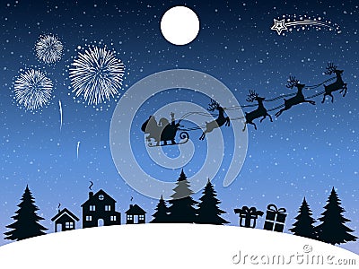 Santa Claus flyin on Christmas sleigh over the houses and gives gifts, delivers gifts in the night, Christmas card Vector Illustration