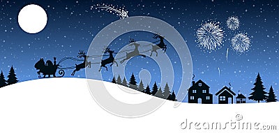Santa Claus flyin on Christmas sleigh over the houses and gives gifts, delivers gifts in the night, Christmas card â€“ vector Vector Illustration