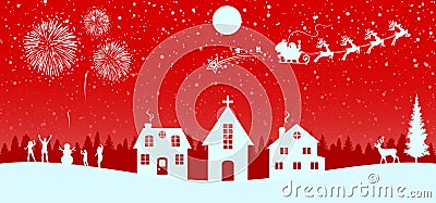 Santa Claus flyin on Christmas sleigh over the housses in the night on red background â€“ vector Vector Illustration