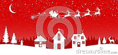 Santa Claus flyin on Christmas sleigh over the housses in the night on red background â€“ vector Vector Illustration